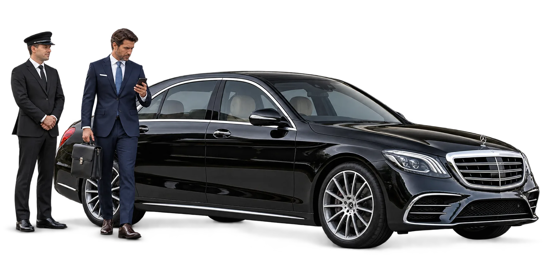 Businessman with a briefcase beside a black Mercedes S Class, his chauffeur waiting behind