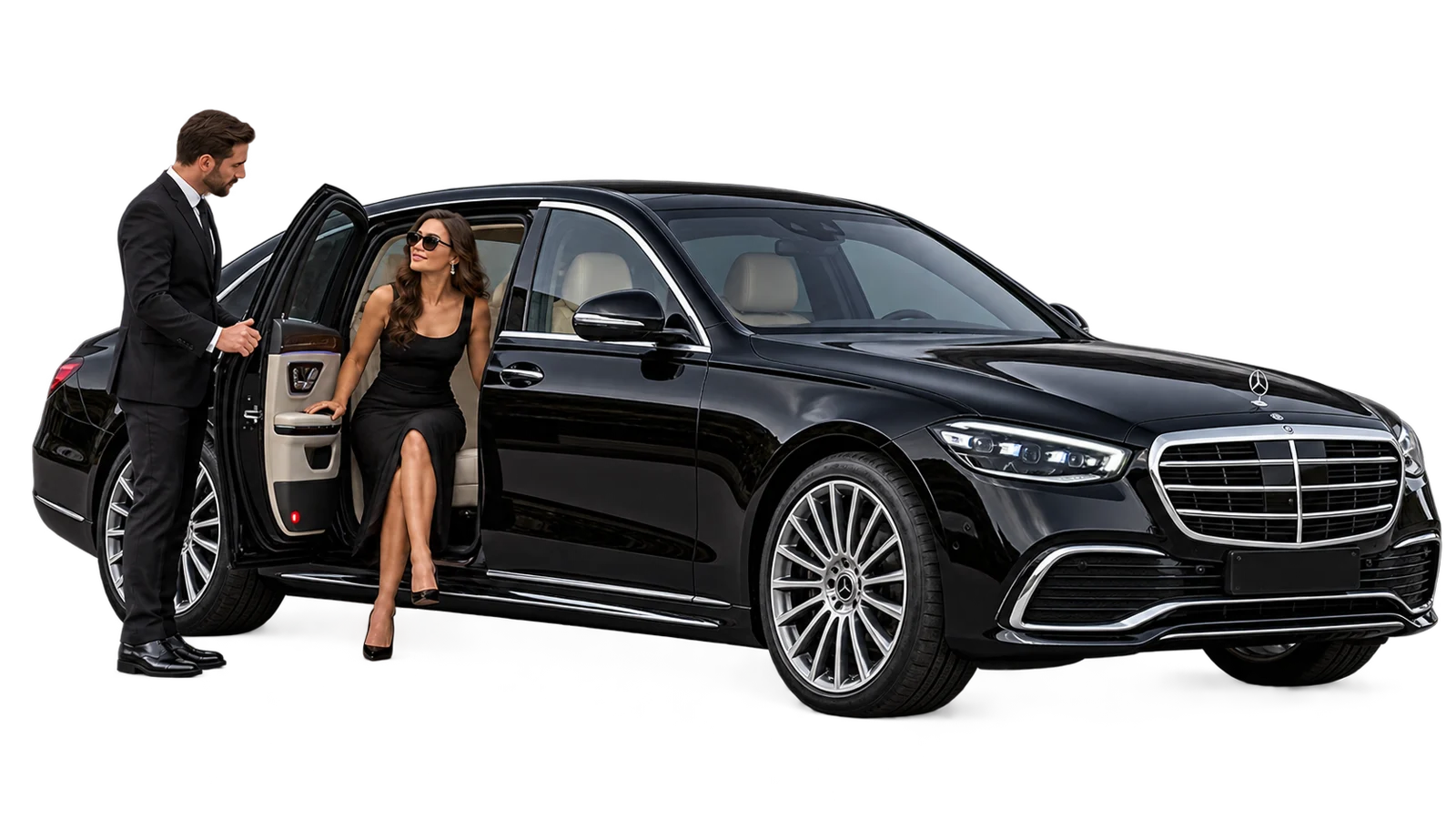 Chauffeur holding open the rear door of a black Mercedes S-Class for a passenger